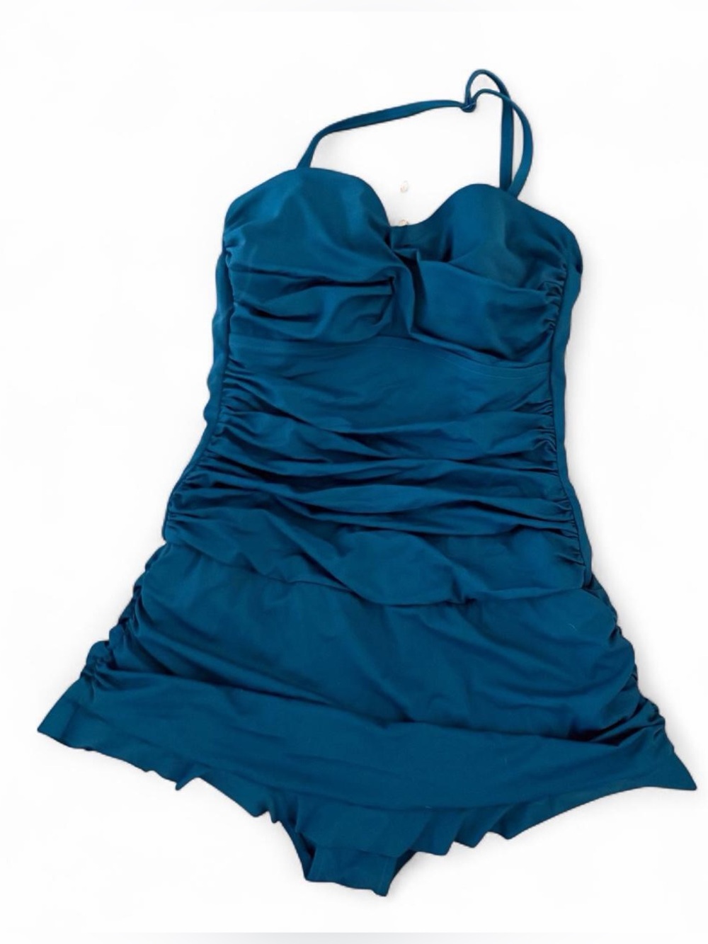Dobreva teal ruched halter neck ruffle one piece swimsuit in a US 36B